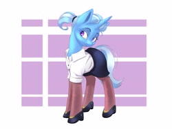 Size: 4000x3000 | Tagged: safe, artist:galinn-arts, character:trixie, species:pony, species:unicorn, g4, abstract background, alternate hairstyle, clothing, cute, diatrixes, female, high heels, mare, ponytail, shirt, shoes, skirt, socks, solo, stockings, teacher, thigh highs