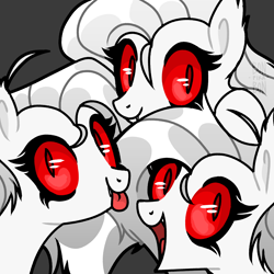 Size: 4000x4000 | Tagged: safe, artist:bonpikabon, species:demon pony, species:earth pony, species:pony, g4, black background, blep, cerberus (helltaker), colored sclera, crossover, cute, demon, female, helltaker, looking at you, mare, mlem, open mouth, original species, ponified, red eyes, silly, simple background, slit eyes, smiling, species swap, three quarter view, tongue out, trio