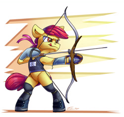 Size: 1200x1134 | Tagged: safe, artist:tsitra360, character:apple bloom, species:earth pony, species:pony, g4, abstract background, apple family member, arrow, bipedal, bow (weapon), clothing, female, hoof hold, signature, solo, tongue out, weapon