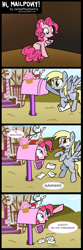 Size: 1000x3000 | Tagged: safe, artist:jackiephantom13, character:derpy hooves, character:pinkie pie, species:earth pony, species:pegasus, species:pony, g4, chocolate with nuts, comic, crossover, female, flying, letter, mailbox, mailmare, mare, pinkie being pinkie, raised hoof, scared, shrunk, spongebob squarepants, startled, watch