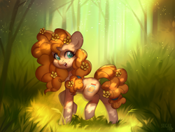 Size: 4000x3000 | Tagged: safe, artist:sugarstar, rcf community, character:pear butter, species:earth pony, species:pony, g4, bush, cute, female, flower, flower in hair, forest, high res, mare, open mouth, open smile, outdoors, pearabetes, raised hoof, smiling, solo, tree