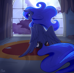 Size: 2532x2516 | Tagged: safe, artist:ailoy4, character:princess luna, species:alicorn, species:pony, g4, both cutie marks, cutie mark, ethereal mane, female, full moon, galaxy mane, looking at you, looking back, mare, moon, moonlight, night, sitting, snaggletooth, solo, window