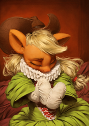 Size: 850x1200 | Tagged: safe, artist:assasinmonkey, character:applejack, species:earth pony, species:pony, g4, clothing, cowboy hat, detailed, dress, eyes closed, female, hat, mare, ruff (clothing), socks, solo, teary eyes