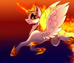 Size: 1080x915 | Tagged: safe, artist:tessa_key_, character:daybreaker, character:princess celestia, species:alicorn, species:pony, g4, abstract background, clothing, female, fire, hoof shoes, horn, jewelry, mane of fire, mare, necklace, peytral, shoes, signature, solo, wings