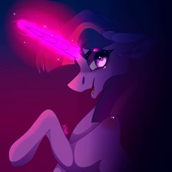 Size: 1080x1080 | Tagged: safe, artist:tessa_key_, character:twilight sparkle, character:twilight sparkle (unicorn), species:pony, species:unicorn, g4, abstract background, bust, female, glowing horn, horn, magic, mare, needs more jpeg, open mouth, raised hoof, signature, solo