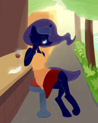 Size: 1280x1600 | Tagged: safe, artist:pashoo, character:princess luna, species:anthro, species:unguligrade anthro, g4, alcohol, barstool, clothing, drink, letter, skirt, wine