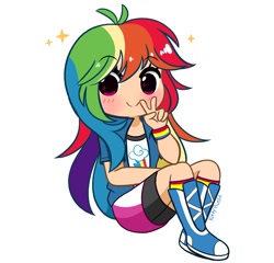 Size: 1200x1152 | Tagged: safe, artist:kittyrosie, character:rainbow dash, species:human, g4, chibi, peace sign, sitting, solo, sparkles