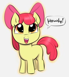 Size: 1070x1200 | Tagged: safe, artist:heretichesh, character:apple bloom, species:earth pony, species:pony, g4, adorabloom, apple family member, bow, cute, dialogue, female, filly, hair bow, howdy, looking up, missing cutie mark, open mouth, simple background, smiling, solo, white background, young