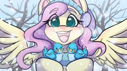 Size: 1200x675 | Tagged: safe, artist:mscolorsplash, character:fluttershy, species:bird, species:pegasus, species:pony, g4, blushing, clothing, cold, cute, earmuffs, happy, shyabetes, snow, solo, spread wings, wings