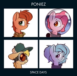 Size: 1328x1300 | Tagged: safe, artist:rexyseven, oc, oc only, oc:drillie stones, oc:koraru koi, oc:rusty gears, oc:whispy slippers, species:earth pony, species:pony, species:seapony (g4), g4, album cover, baseball cap, bust, cap, clothing, female, glasses, goggles, gorillaz, hat, helmet, mare, music reference, simple background, water, white background