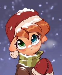 Size: 898x1087 | Tagged: safe, artist:rexyseven, oc, oc only, oc:rusty gears, species:earth pony, species:pony, g4, christmas, clothing, cute, female, hat, heterochromia, holiday, jacket, looking at you, mare, mittens, santa hat, scarf, snow, snowfall, solo, winter