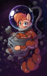 Size: 1060x1704 | Tagged: safe, artist:rexyseven, oc, oc only, oc:rusty gears, species:earth pony, species:pony, g4, asteroid, bubble helmet, clothing, female, helmet, heterochromia, looking at you, mare, ponies in space, shoes, solo, space, space helmet, space suit, this will end in death