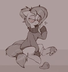 Size: 1159x1223 | Tagged: safe, artist:rexyseven, oc, oc only, oc:whispy slippers, species:earth pony, species:pony, g4, blushing, clothing, female, glasses, happy, mare, monochrome, ponytail, shoes, slippers, smiling, socks, solo, sweater