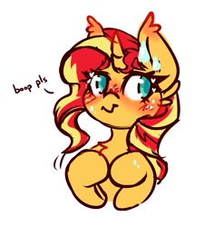 Size: 1187x1200 | Tagged: safe, artist:ruef, character:sunset shimmer, species:pony, species:unicorn, g4, my little pony:equestria girls, blushing, boop request, bust, chest fluff, cute, ear blush, ear fluff, female, heart, looking sideways, mare, shimmerbetes, simple background, solo, sweat, sweatdrop, white background