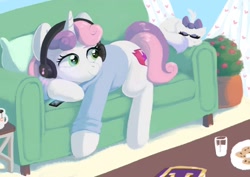 Size: 1200x849 | Tagged: safe, artist:pucksterv, character:opalescence, character:sweetie belle, species:pony, species:unicorn, g4, book, clothing, cookie, couch, cute, diasweetes, drink, duo, eyes closed, female, filly, food, headphones, high res, hoodie, lying down, milk, phone, pillow, plant, potted plant, prone, sleeping, smiling, table, young