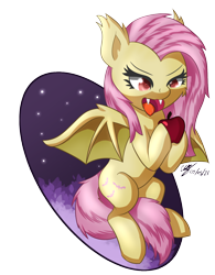 Size: 1200x1536 | Tagged: safe, artist:icy wings, character:flutterbat, character:fluttershy, species:bat pony, species:pony, g4, apple, fangs, food, red eyes, sharp teeth, simple background, transparent background