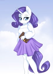 Size: 737x1024 | Tagged: safe, artist:chickenbrony, character:rarity, species:anthro, species:pony, species:unicorn, g4, blouse, book, clothing, cute, female, horn, looking at you, mare, raribetes, shirt, skirt, solo, tail