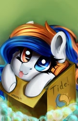 Size: 629x972 | Tagged: safe, artist:spoopy, oc, oc:tide pod, species:earth pony, species:pony, g4, blep, box, bubble, cardboard box, cute, looking at you, object pony, pony in a box, soap bubble, text, tongue out