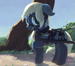 Size: 1131x1000 | Tagged: safe, artist:rhorse, oc, oc only, oc:corona, species:earth pony, species:pony, g4, bridle, collar, colored, female, floppy ears, harness, looking at you, mare, raised hoof, solo, tack, three quarter view, tree