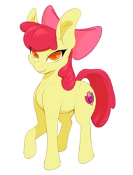 Size: 914x1200 | Tagged: safe, artist:aquaticvibes, character:apple bloom, species:earth pony, species:pony, g4, adorabloom, apple family member, big ears, bow, colored pupils, cute, cutie mark, eye clipping through hair, looking at you, raised hoof, simple background, white background