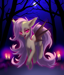 Size: 2893x3370 | Tagged: safe, artist:perilune, character:flutterbat, character:fluttershy, species:bat pony, species:pony, g4, bat wings, candle, fangs, female, forest, full moon, lidded eyes, mare, moon, night, sharp teeth, solo, tail, tongue out, tree, wings