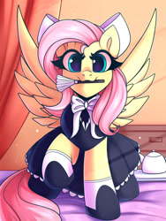 Size: 1500x2000 | Tagged: safe, artist:shadowreindeer, character:fluttershy, species:pegasus, species:pony, g4, bed, bow, clothing, cute, duster, fluttermaid, hair bow, holding, looking at you, maid, morning ponies, mouth hold, on bed, shyabetes, solo, spread wings, teapot, wings