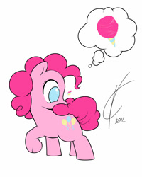 Size: 900x1125 | Tagged: safe, artist:valcron, character:pinkie pie, species:earth pony, species:pony, g4, biting, candy, colored pupils, cotton candy, cotton candy tail, cute, diabetes, diapinkes, digital art, eating, female, filly, food, hnnng, looking back, nibbling, nom, pinkie being pinkie, profile, signature, silly, silly pony, simple background, solo, tail, tail bite, thought bubble, weapons-grade cute, white background, wide eyes, young, younger