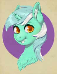 Size: 928x1200 | Tagged: safe, artist:taytinabelle, character:lyra heartstrings, species:pony, species:unicorn, g4, bust, chest fluff, cute, ear fluff, female, happy, looking at you, mare, open mouth, simple background, smiling, solo