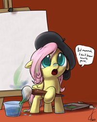 Size: 1600x2000 | Tagged: safe, artist:valcron, character:fluttershy, species:pegasus, species:pony, g4, beret, canvas, clothing, cute, dialogue, easel, female, filly, floppy ears, hat, hoof hold, open mouth, paint, paint on fur, paintbrush, painting, raised hoof, shyabetes, signature, solo, speech bubble, text, young, younger