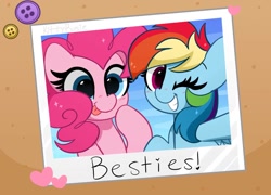 Size: 1024x738 | Tagged: safe, artist:kittyrosie, character:pinkie pie, character:rainbow dash, species:earth pony, species:pegasus, species:pony, g4, blep, blushing, button, cute, dashabetes, diapinkes, digital art, duo, female, grin, mare, one eye closed, photo, raised hoof, smiling, text, tongue out, wink