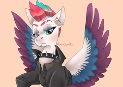 Size: 995x705 | Tagged: safe, artist:superduperath, character:zipp storm, species:pegasus, species:pony, g5, bust, collar, colored wingtips, ear piercing, female, jewelry, mare, multicolored wings, piercing, punk, solo, spiked collar, wings