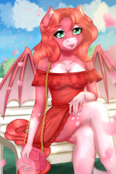 Size: 1300x1947 | Tagged: safe, artist:jerraldina, oc, oc:strawberry quartz, species:anthro, species:bat pony, species:pony, g4, bag, bat pony oc, bench, breasts, cleavage, clothing, crossed legs, dress, fangs, female, flower petals, frilly dress, green eyes, looking at you, multicolored body, purse, sharp teeth, sitting, solo, solo female, spread wings, wings