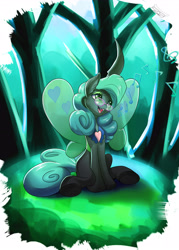 Size: 4900x6825 | Tagged: safe, artist:f-nar, idw, character:queen chrysalis, species:changeling, g4, changeling queen, cute, cutealis, female, glasses, happy, music notes, open mouth, reflections, reversalis, singing, sitting, smiling, solo, tree, underhoof, wings