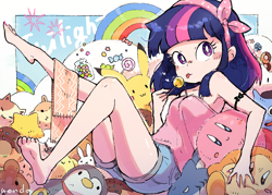 Size: 1664x1190 | Tagged: safe, artist:nendo, character:twilight sparkle, species:bird, species:human, species:penguin, species:rabbit, g4, :3, animal, barefoot, blep, candy, cat, clothing, crossover, donut, dragon quest (game), feet, food, headband, humanized, jar, kirby, kirby (character), legs, lollipop, nintendo, pikachu, plushie, pokémon, rainbow, shark, shorts, sleeveless, smiling, solo, species swap, tongue out, toy, video game, waddle dee