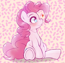 Size: 2048x1976 | Tagged: safe, artist:kurogewapony, character:pinkie pie, species:earth pony, species:pony, g4, abstract background, blushing, cute, diapinkes, female, heart, high res, mare, profile, simple background, sitting, smiling, solo, underhoof