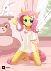 Size: 1000x1407 | Tagged: safe, artist:howxu, character:fluttershy, species:anthro, species:pegasus, species:plantigrade anthro, g4, adorasexy, arm behind head, barefoot, bed, bedroom, blushing, bottomless, breasts, busty fluttershy, clothing, cute, dawwww, feet, hairpin, hand, hand on hip, hips, indoors, kneeling, nightgown, plushie, see-through, sexy, shirt, shyabetes, signature, stuffed animals, t-shirt, toy, window, wingless, wingless anthro
