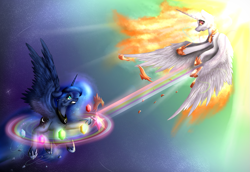 Size: 1937x1334 | Tagged: safe, artist:shinebluedraws, character:daybreaker, character:princess celestia, character:princess luna, species:alicorn, species:pony, episode:a royal problem, g4, my little pony: friendship is magic, alternate universe, banishment, crying, duo, element of generosity, element of honesty, element of kindness, element of laughter, element of loyalty, element of magic, elements of harmony, female, flying, magic, mare, role reversal