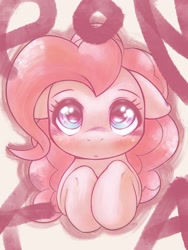 Size: 1544x2048 | Tagged: safe, artist:kurogewapony, character:pinkie pie, species:earth pony, species:pony, g4, blushing, cute, diapinkes, female, looking at you, mare, simple background, solo, text