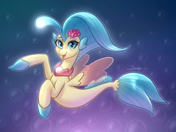 Size: 1890x1417 | Tagged: safe, artist:dandy, character:princess skystar, species:pony, species:seapony (g4), newbie artist training grounds, g4, atg 2021, bubble, cute, female, fin wings, fins, fish tail, flower, flower in hair, jewelry, looking at you, mare, necklace, open mouth, pearl necklace, simple background, skyabetes, smiling, solo, underwater, wings