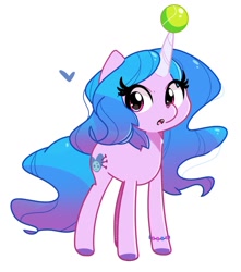 Size: 1060x1200 | Tagged: safe, artist:kindakismet, character:izzy moonbow, species:pony, species:unicorn, g5, ball, bracelet, childproof horn, cute, cutie mark, gradient hair, horn, jewelry, solo, tennis ball, toy