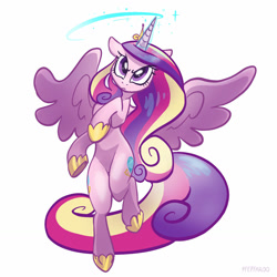 Size: 1280x1280 | Tagged: safe, artist:pfeffaroo, character:princess cadance, species:alicorn, species:pony, g4, glowing horn, horn, magic, signature, simple background, solo, spread wings, white background, wings