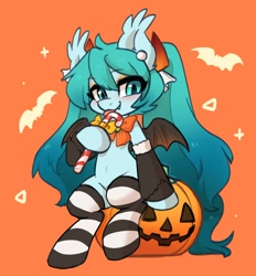 Size: 1112x1200 | Tagged: safe, artist:oofycolorful, kotobukiya, species:bat, species:bat pony, species:pony, g4, anime, bat wings, blushing, bow, bow tie, candy, candy cane, christmas, clothing, crossover, cute, fangs, food, halloween, halloween miku, hatsune miku, holiday, jack-o-lantern, kotobukiya hatsune miku pony, licking, orange background, ponified, pumpkin, sharp teeth, simple background, socks, solo, species swap, striped socks, tongue out, vocaloid, wings