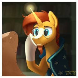Size: 2048x2048 | Tagged: safe, artist:dash wang, character:sunburst, species:pony, species:unicorn, g4, glowing horn, horn, library, magic, scroll, solo