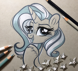 Size: 2819x2598 | Tagged: safe, artist:emberslament, character:trixie, species:pony, species:unicorn, g4, blushing, bust, colored pencil drawing, colored pencils, female, heart eyes, high res, irl, irl photo, looking at you, mare, monochrome, open mouth, open smile, photo, portrait, raised eyebrow, smiling, smiling at you, smug, solo, traditional art, wingding eyes