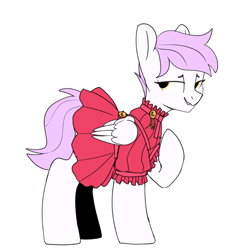 Size: 870x883 | Tagged: safe, artist:tallaferroxiv, oc, oc:moonlight prancer, species:pegasus, species:pony, g4, clothing, dress, looking at you, pink mane, raised hoof, red dress, simple background, sm, smiling, smug, solo, white background, wings, yellow eyes