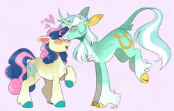 Size: 1280x817 | Tagged: safe, artist:wanderingpegasus, manebooru spotlight, character:bon bon, character:lyra heartstrings, character:sweetie drops, species:classical unicorn, species:earth pony, species:pony, species:unicorn, ship:lyrabon, g4, adorabon, blushing, chest fluff, cloven hooves, coat markings, cute, eyes closed, female, fetlock tuft, floating heart, floppy ears, forehead kiss, freckles, heart, height difference, hooves, kiss on the head, kissing, leaning forward, leg fluff, leonine tail, lesbian, lyrabetes, mare, markings, open mouth, pale belly, pink background, raised hoof, shipping, simple background, size difference, smiling, socks (coat marking), standing on two hooves, tail, unshorn fetlocks
