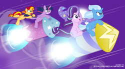Size: 8507x4700 | Tagged: safe, artist:jhayarr23, character:starlight glimmer, character:sunset shimmer, character:trixie, character:twilight sparkle, character:twilight sparkle (alicorn), species:alicorn, species:pony, species:unicorn, g4, my little pony:equestria girls, accessory theft, cape, clothing, cute, female, females only, frown, hat, mare, open mouth, rocket, screaming, smiling, toy interpretation, trixie's cape, trixie's hat, trixie's rocket, wizard hat, worried