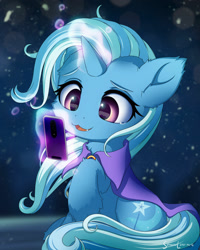 Size: 1280x1600 | Tagged: safe, artist:symbianl, part of a set, character:trixie, species:pony, species:unicorn, g4, cellphone, cheek fluff, chest fluff, clothing, ear fluff, eye reflection, fluffy, glowing horn, hoof fluff, hooves, horn, leg fluff, magic, open mouth, phone, raised hoof, signature, smartphone, smiling, solo, telekinesis