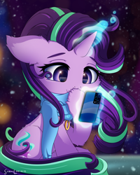Size: 2400x3000 | Tagged: safe, artist:symbianl, part of a set, character:starlight glimmer, species:pony, species:unicorn, g4, cellphone, cheek fluff, chest fluff, clothing, ear fluff, eye reflection, fluffy, glowing horn, hoof fluff, hooves, horn, leg fluff, magic, phone, raised hoof, scarf, signature, smartphone, solo, telekinesis