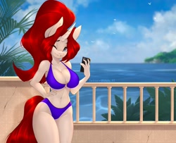 Size: 2048x1661 | Tagged: safe, artist:u_lu_lu, oc, oc only, species:anthro, species:bird, species:pony, species:unicorn, g4, belly, belly button, bikini, breasts, cellphone, cleavage, clothing, cloud, commission, day, explicit source, female, horn, large voluminous hair, mare, ocean, one eye closed, outdoors, phone, railing, scenery, sky, smartphone, solo, swimsuit, tail, tropical, water, wink